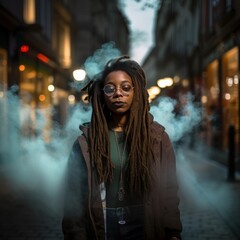 Portrait of a dreadlock black woman at the city. Generative AI.