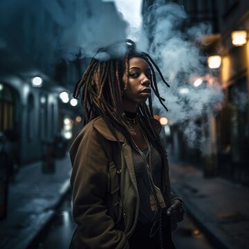 Portrait of a dreadlock black woman using vaporizer in the city. Generative AI.