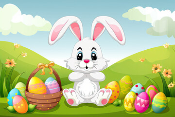 Cartoon Easter bunny and colorful Easter eggs, 