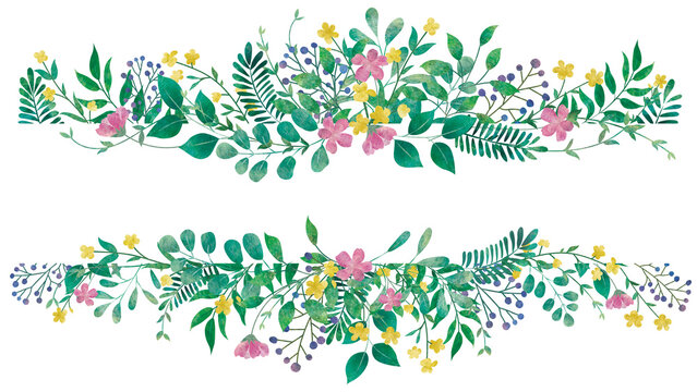 花と葉っぱの水彩画パーツイラストフレーム/ボタニカル/フローラル