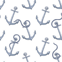 Watercolor gray anchor and rope seamless pattern. Hand drawn endless background for fabric and wallpaper. Marine motif endless backdrop.