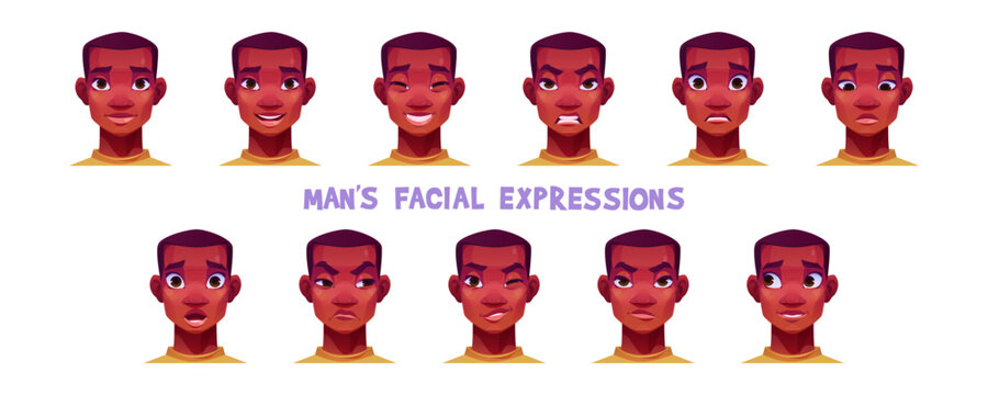 African American Man Facial Expressions Isolated On White Background. Vector Cartoon Illustration Of Happy, Smiling, Sad, Surprised, Scared, Angry, Upset Male Face. Game Character Or Avatar Design