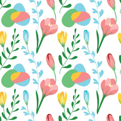 Obraz na płótnie Canvas Seamless pattern of Easter eggs and spring flowers on a white background. Vector illustration for decoration, postcards, print