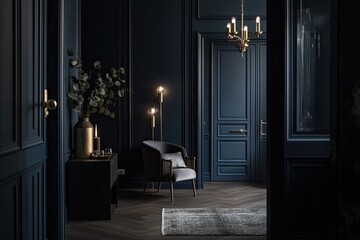 Dark interior with blue wall, black furniture, candles, vases, and opening door. Generative AI