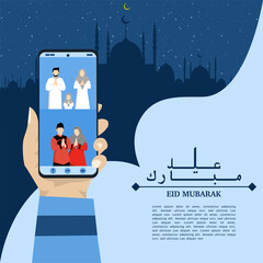 Eid Mubarak illustration with mosque silhouette and a muslim character, Eid Mubarak greeting poster, Invitation Template, social media, etc. Eid Mubarak flat vector illustration.