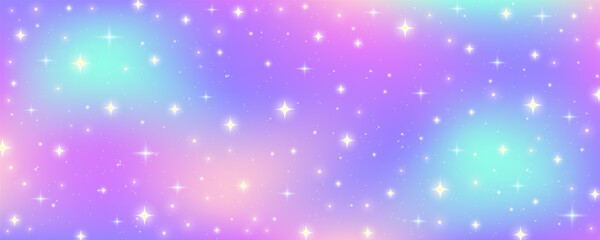 Rainbow pastel background. Unicorn sky with glittering sky. Candy galaxy with watercolor light texture. Girly cute magic wallpaper. Holographic vector abstract illustration.