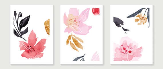 Abstract floral cover background vector. Set of spring plant hand drawn template with flowers, leaves, wildflower. Colorful watercolor texture design for wallpaper, banner, prints, interior, poster.