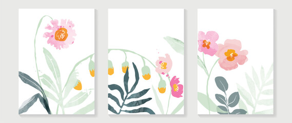 Abstract floral cover background vector. Set of spring plant hand drawn template with flowers, leaves, wildflower. Colorful watercolor texture design for wallpaper, banner, prints, interior, poster.