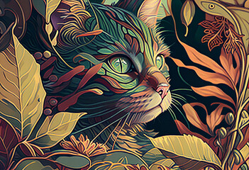 Cat with seamless floral pattern. Generative AI.