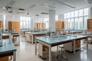 Interior of a modern laboratory. Science lab for Chemistry tests. Generative AI 