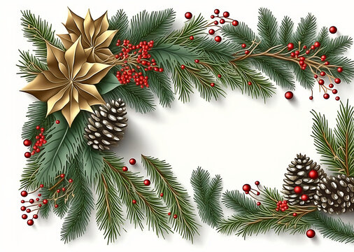 Christmas frame with fir branches and cones. Generative AI. 