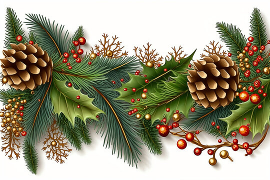 Christmas frame with fir branches and cones. Generative AI. 