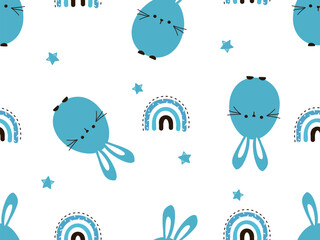 Seamless pattern with bunny rabbit cartoons and cute rainbows on white background vector illustration.
