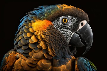 Fototapeta premium parrot with multicolored plumage isolated on a deep black background that highlights its exuberant plumage of vibrant tones
