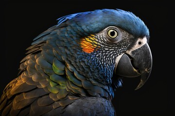 Obraz premium parrot with multicolored plumage isolated on a deep black background that highlights its exuberant plumage of vibrant tones