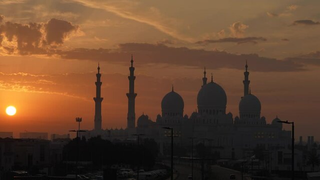 Sheikh Zayed Grand Mosque. The Grand Mosque was constructed between 1994 and 2007 and was inaugurated in December 2007. 4k video made at sunrise in March 2023 in Abu Dhabi, United Arab Emirates.