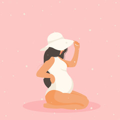 Banner with pregnant elegant woman, future mom hugging belly with arms. Flat vector illustration. Happy Mother's Day. 