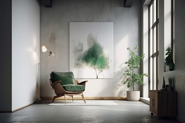 Contemporary minimalist apartment with armchair on empty plaster wall. Generative AI
