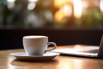 Obraz premium Coffee Shop Lifestyle. Laptop and Coffee Cup Close Up on Blurred Cafe Table Background 