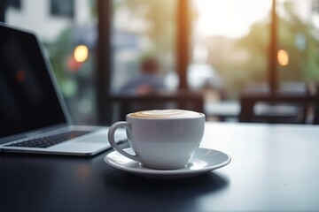 Obraz premium Coffee Shop Lifestyle. Laptop and Coffee Cup Close Up on Blurred Cafe Table Background 