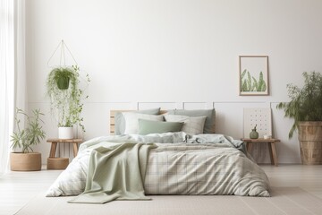 Fototapeta na wymiar Bedroom mockup with bed, green plaid, cushions, and plants on white wall. Generative AI
