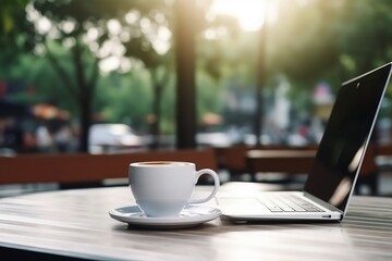 Coffee Shop Lifestyle. Laptop and Coffee Cup Close Up on Blurred Cafe Table Background 