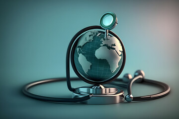 Selective focus of stethoscope connected with globe on blue background, world health day concept made with Generative AI