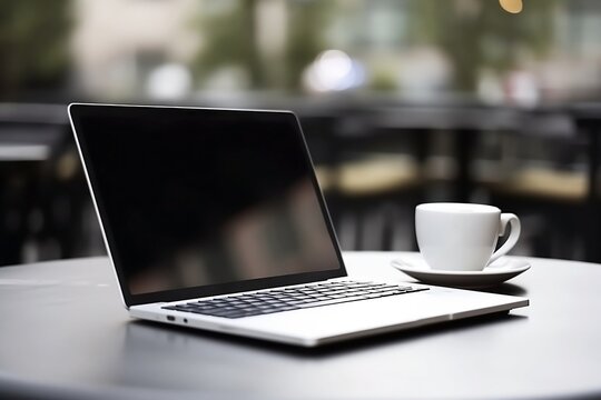 Coffee Shop Lifestyle. Laptop and Coffee Cup Close Up on Blurred Cafe Table Background 