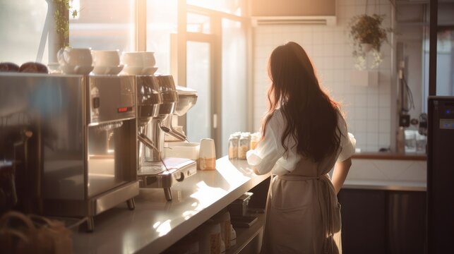 rear view of asian woman barista wear apron working in the kitchen counter morning weekend routine in coffeeshop , image ai generate