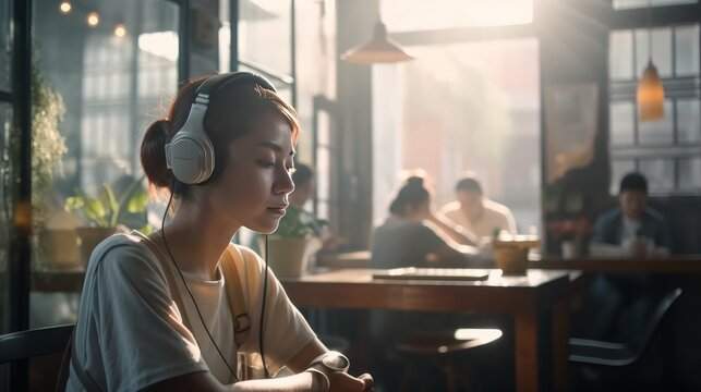 cheerful asian female woman listening music headphone working use laptop in cafe morning light from outside, image ai generate