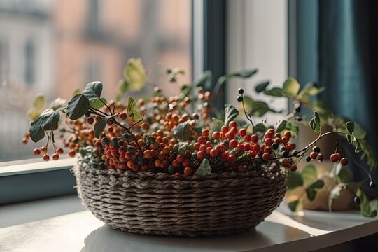 Boho chic apartment décor. Vertical image of cotoneaster or winterberry shrub in wicker basket on living room windowsill. Christmas decorations and evergreen plants. Generative AI