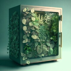 wooden box with green leaves Generative AI