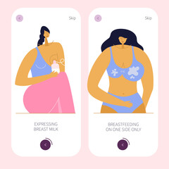 The UI UX design apps with women has one sided breastfeeding and new mom is pumping  milk used breast pump for newborn baby. They have got a lot of milk and good lactation.
