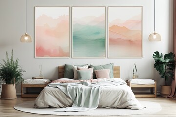 Nice, cozy bedroom with three colorful vertical frames, poster mockup on white wall backdrop,. Generative AI