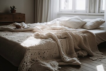 Unmade bed with cotton boho blanket in comfortable basic bedroom. cotton bedding. home coziness, comfort, and warmth. Generative AI