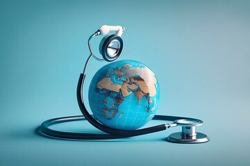 Selective focus of stethoscope connected with globe on blue background, world health day concept made with Generative AI - obrazy, fototapety, plakaty