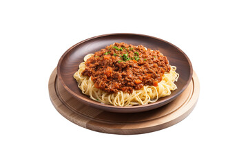 A plate of spaghetti with bolognese sauce isolated on white background. Created with Generative AI Technology