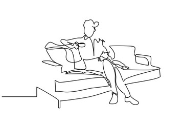 young woman reading magazine on sofa at home drinking coffee loves her cat lifestyle line art