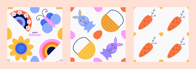 Easter vector seamless patterns with cartoon bunny, carrot, flowers, basket, rainbows, butterfy. Set of cute bright spring backgrounds. Baby Easter concept
