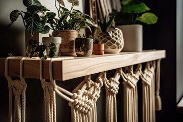 Closeup of handmade macrame shelf planter hanging for indoor plants, rattan shelf, poster frame, and exquisite accessories. coziness. Minimalist bohemian living room. Generative AI