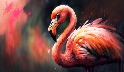 Portrait flamingo, oil paint. AI
