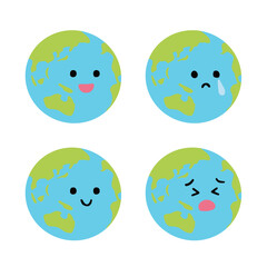 Earth with expressions. Smiling, happy, sad and painful Earth