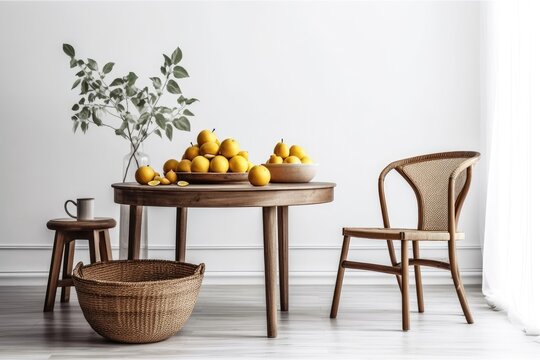 Rattan chair and wooden dining table in living room or kitchen. Close up of teapot, cup, yellow apple, and quince fruit against white copy space wall. Generative AI