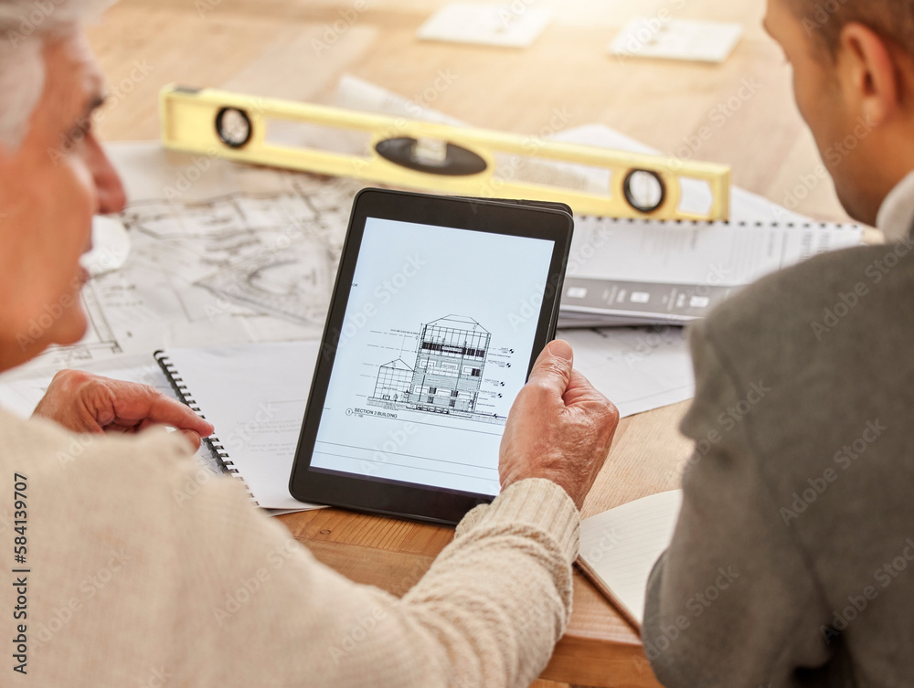 Poster architect, hands and tablet in construction planning, digital model or design for industrial archite