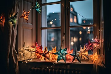Naklejka premium Paper Christmas stars and lights in colorful boho room window. Scandinavian paper stars and garland. Christmas spirit. Generative AI
