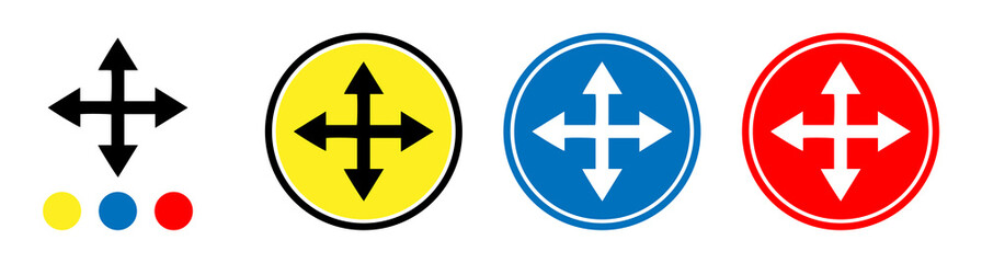 four intersection road markings, arrows in opposite directions up and down, left and right. yellow, blue and red road sign isolated