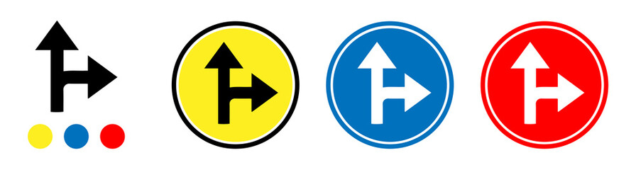 three intersection road markings, a combination of up and right arrows, yellow, blue and red road sign isolated