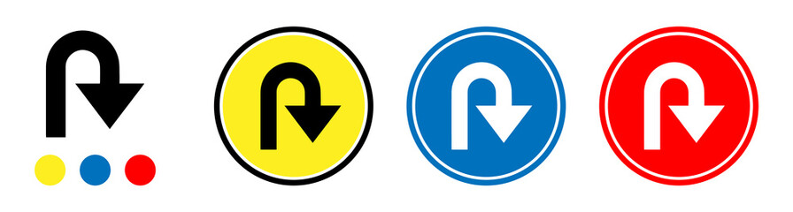 U-turn road marking, curved arrow direction icon, yellow, blue and red road sign isolated