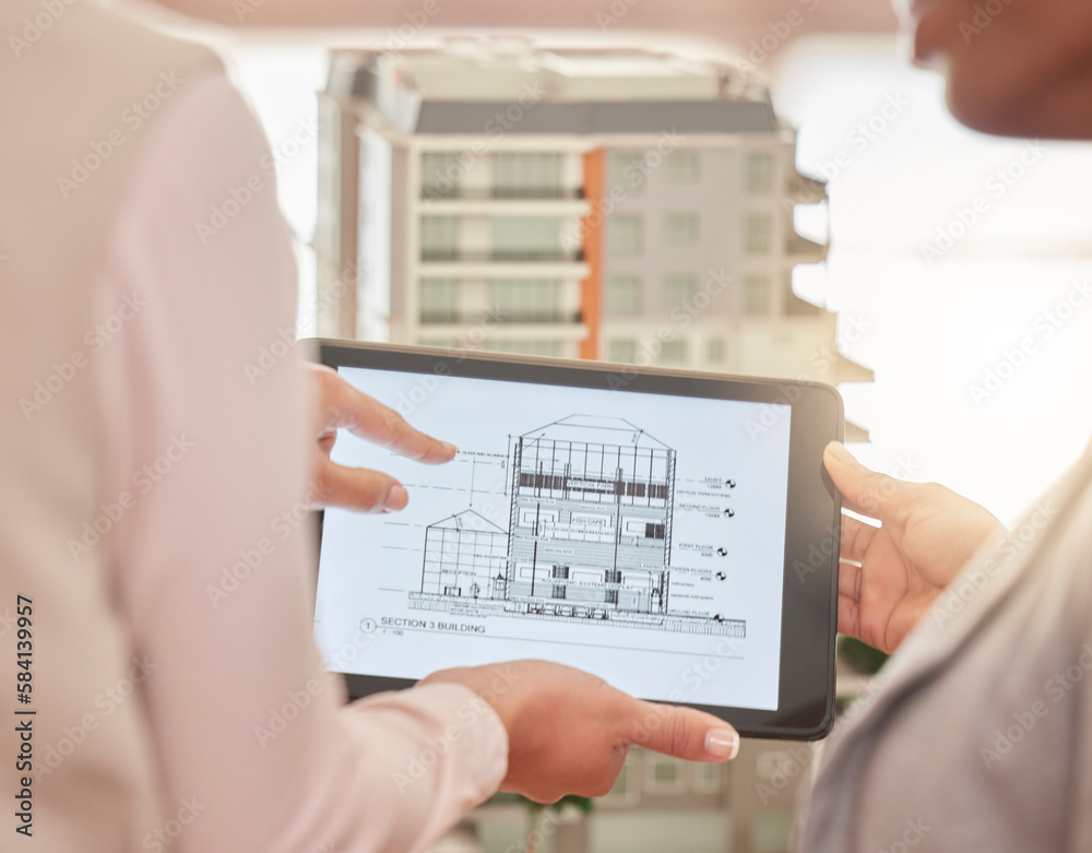 Poster architect, hands and tablet in construction planning, 3d model or design strategy for industrial arc