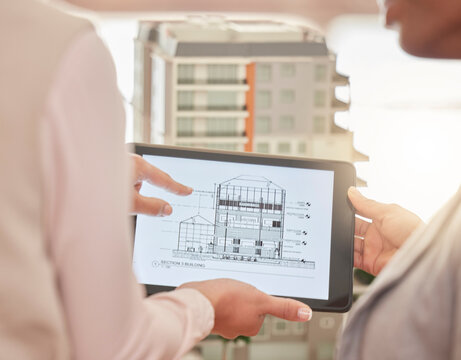 Architect, hands and tablet in construction planning, 3D model or design strategy for industrial architecture at office. Hand of engineering team in meeting on touchscreen for blueprint building plan - Powered by Adobe